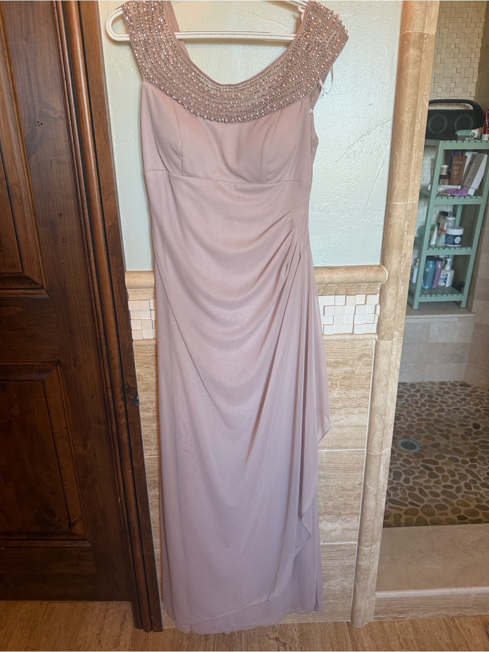 Xscape Beaded Blush Maxi Gown